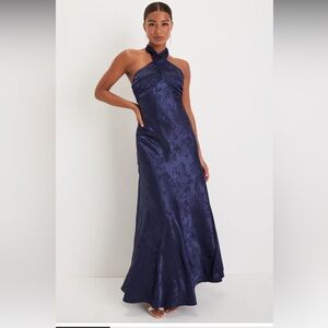 Lulus Navy Blue Satin Jacquard Halter Maxi Dress, size medium